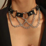 Leather Choker with Heart Rings & Chains – Gothic Punk necklace, Adjustable Handmade Alternative Necklace